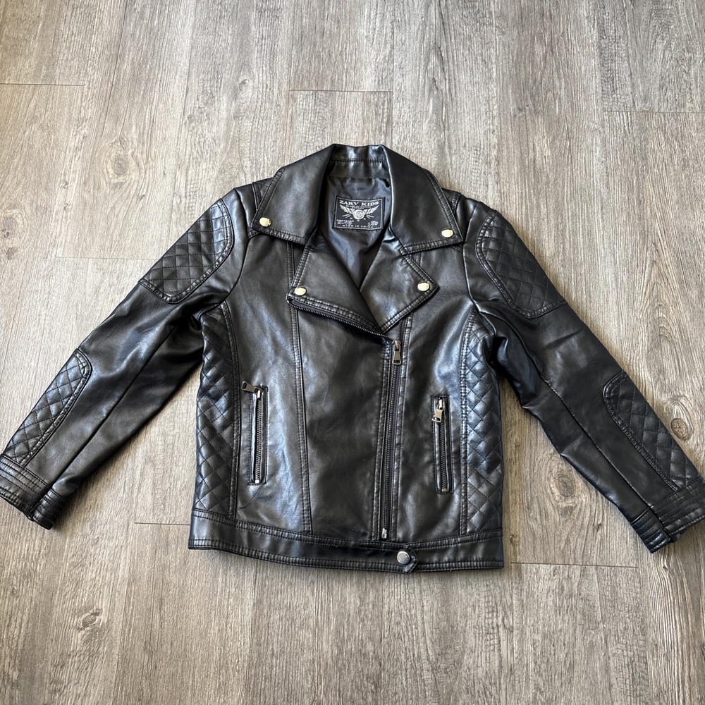 Zarv Kids Black Faux Leather Biker Moto Jacket Studded Full Zip Lined 9-10y